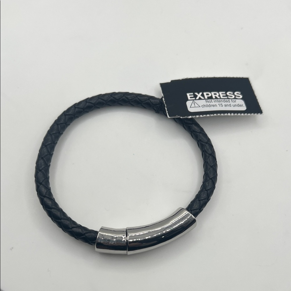 874. Express Black Leather Men’s 7” Bracelet with Silver Clasp Magnetic Closure